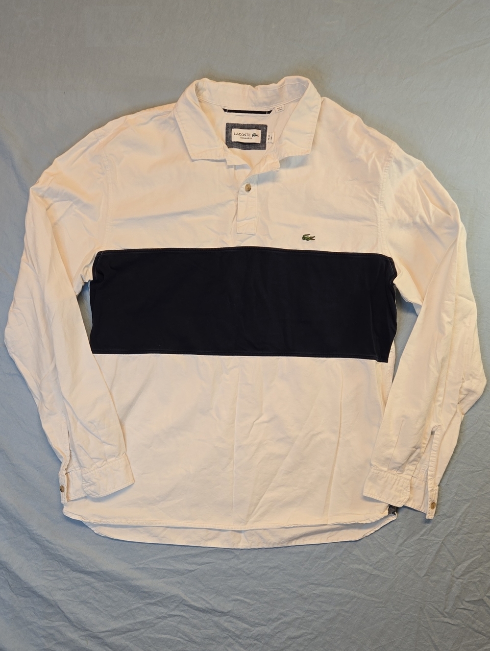 Lacoste White Long Sleeve 1/4 Button Down Polo Shirt with Navy Blue Chest Band